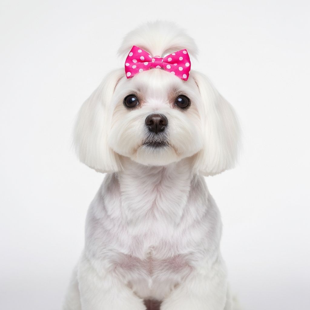 Beautifully groomed Maltese with a bow