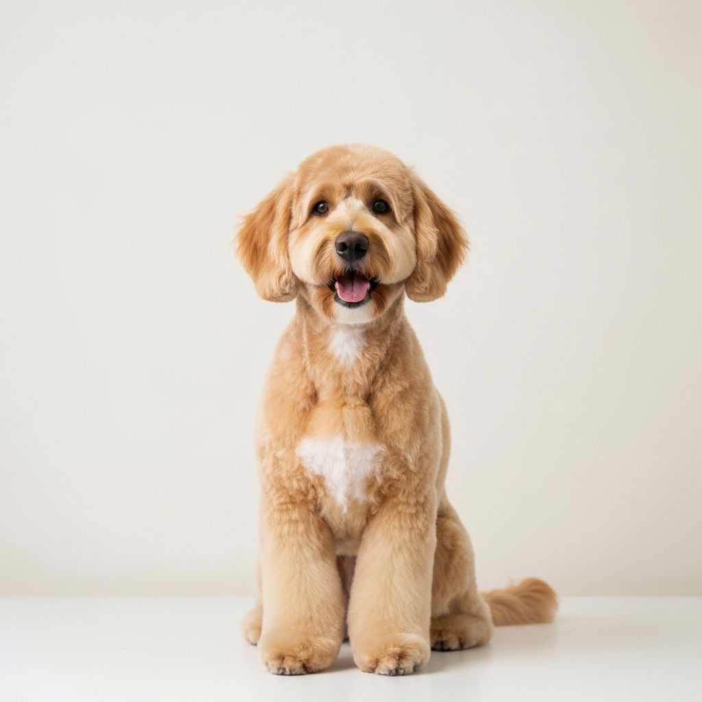 Freshly groomed Goldendoodle with teddy bear cut